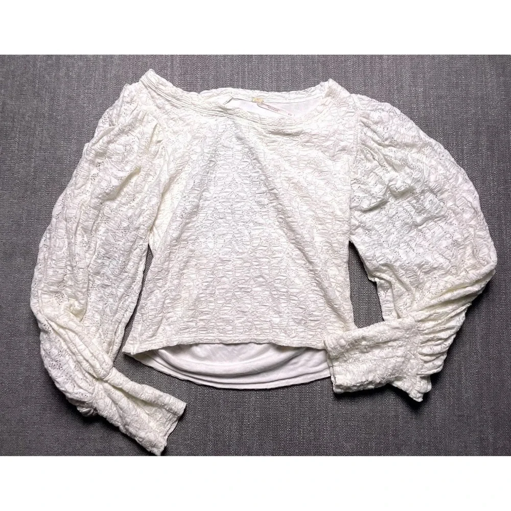 Free People Tea Time Cropped Top Womens Medium Beige Lace Overlay Puff Sleeve